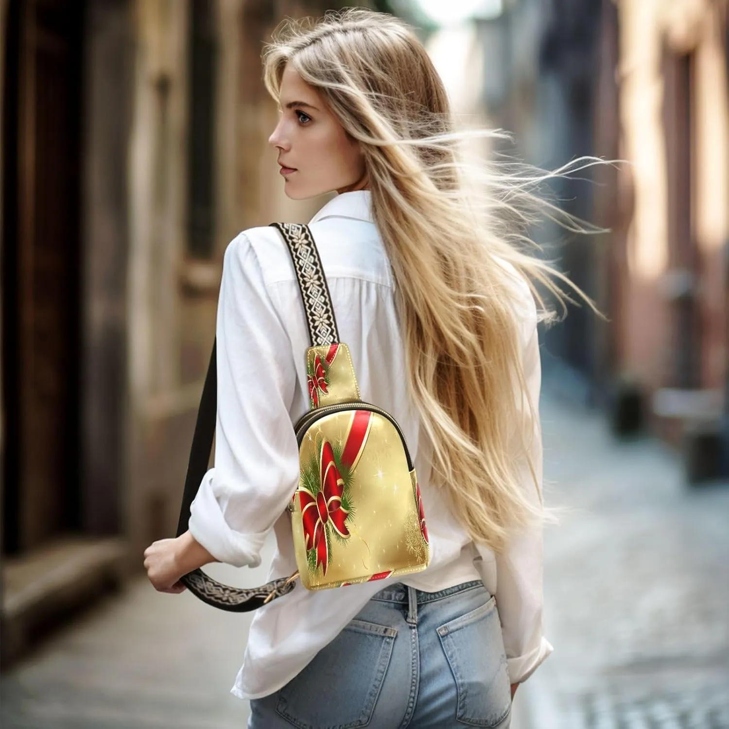 Small Sling Bag for Women Crossbody Christmas Bowknot Red Trendy Crossbody Bag Fashion Waist Packs Xmas Golden Pattern Leather Chest Bag Fanny Pack with Guitar Strap Travel Outdoor Outfit