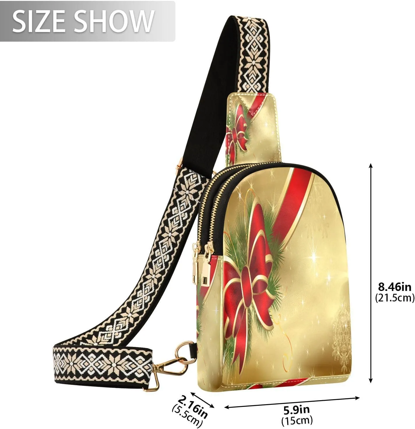 Small Sling Bag for Women Crossbody Christmas Bowknot Red Trendy Crossbody Bag Fashion Waist Packs Xmas Golden Pattern Leather Chest Bag Fanny Pack with Guitar Strap Travel Outdoor Outfit