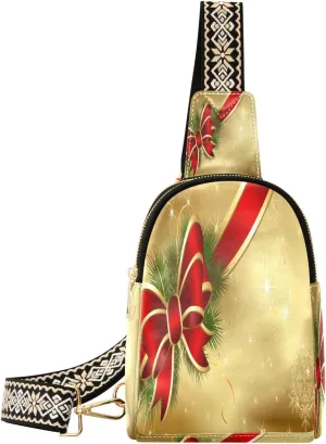 Small Sling Bag for Women Crossbody Christmas Bowknot Red Trendy Crossbody Bag Fashion Waist Packs Xmas Golden Pattern Leather Chest Bag Fanny Pack with Guitar Strap Travel Outdoor Outfit