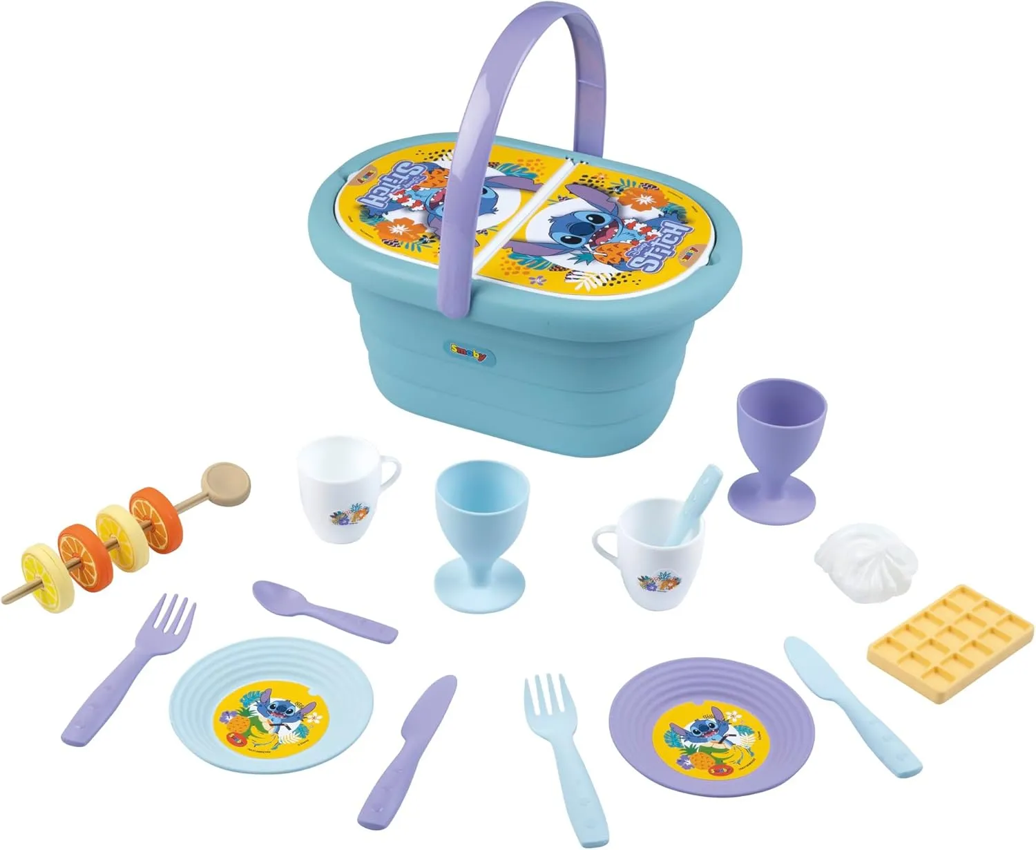 Smoby - Stitch - Picnic Basket - Easily Transportable - 19 Accessories Included - Cups, Glasses, Fruit Rings, Waffle, Meringue and More - For Ages 3 and Up - Made in France