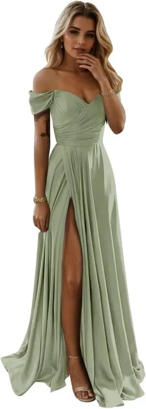 SoDigne Women's Off The Shoulder Bridesmaid Dresses with Slit Long Satin Formal Evening Party Gowns
