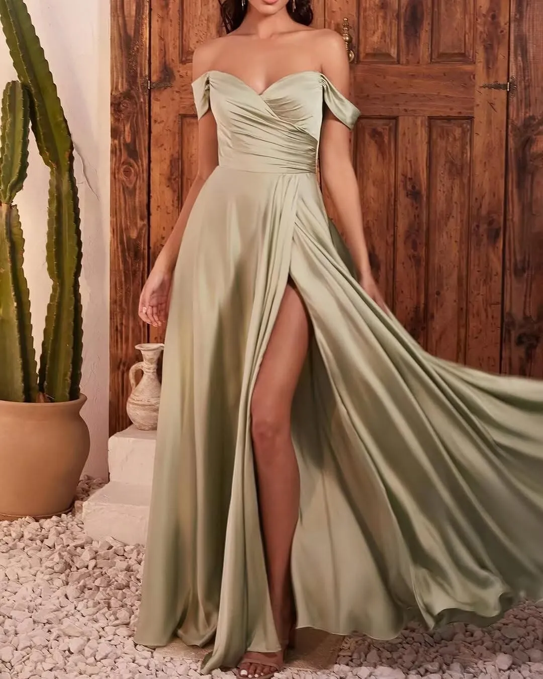 SoDigne Women's Off The Shoulder Bridesmaid Dresses with Slit Long Satin Formal Evening Party Gowns