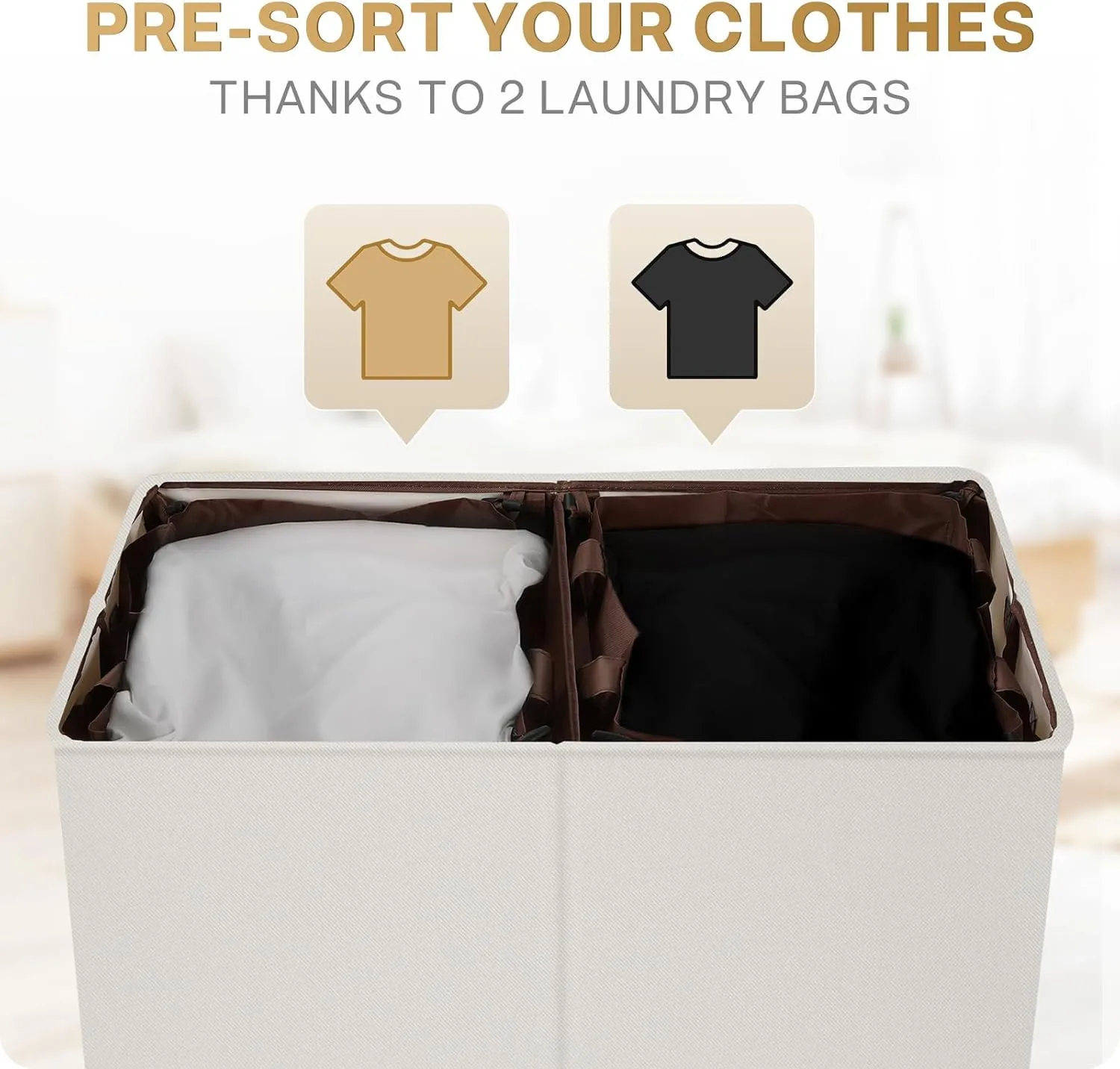 SOLEDI Luxury Double Laundry Hamper with Lid and Removable Bags, Large Hamper for Laundry, Laundry Basket 2 Sections, Collapsible Ditry Clothes Hamper for Bedroom, Laundry Room, Bathroom, Off-white