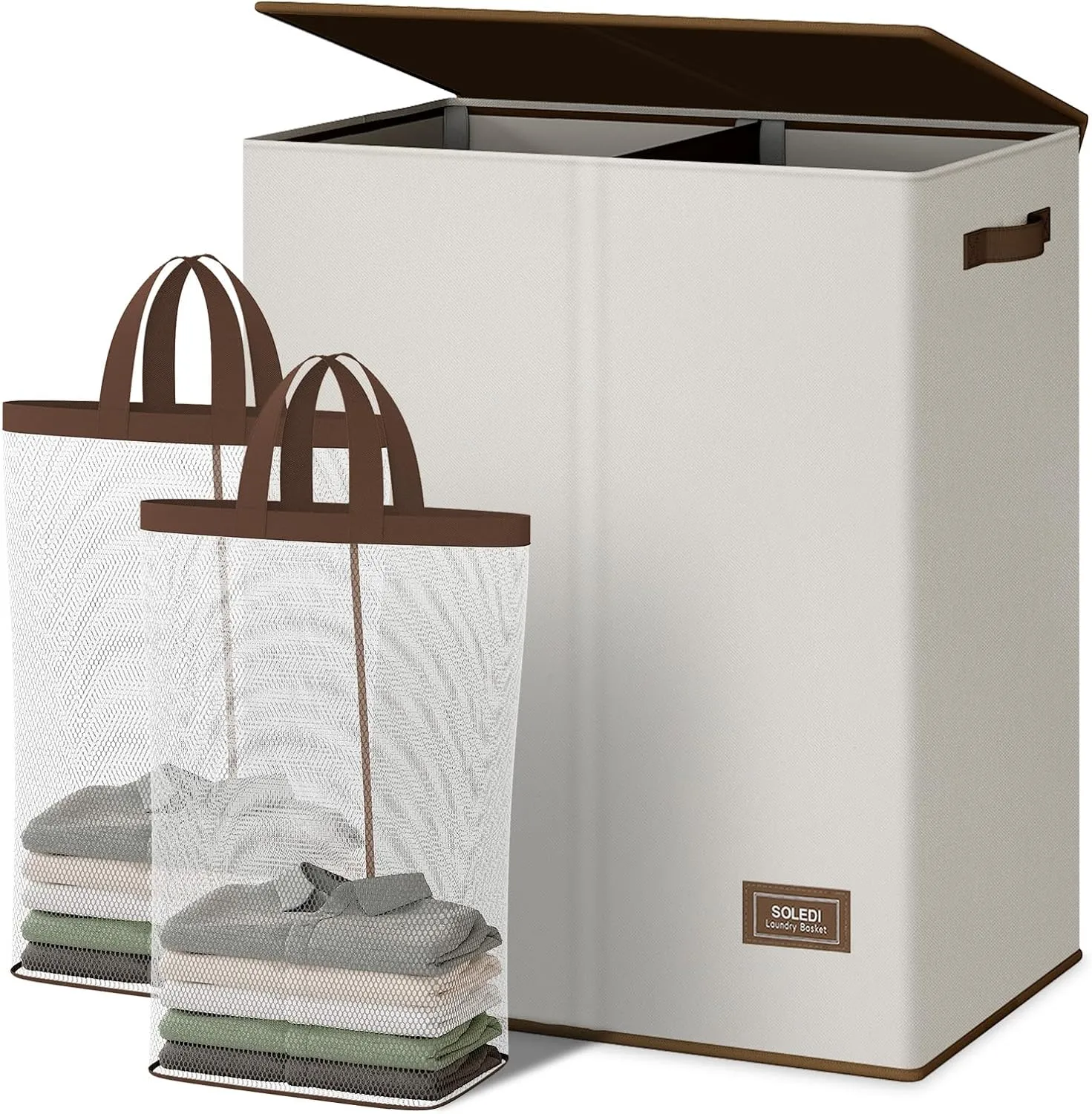 SOLEDI Luxury Double Laundry Hamper with Lid and Removable Bags, Large Hamper for Laundry, Laundry Basket 2 Sections, Collapsible Ditry Clothes Hamper for Bedroom, Laundry Room, Bathroom, Off-white