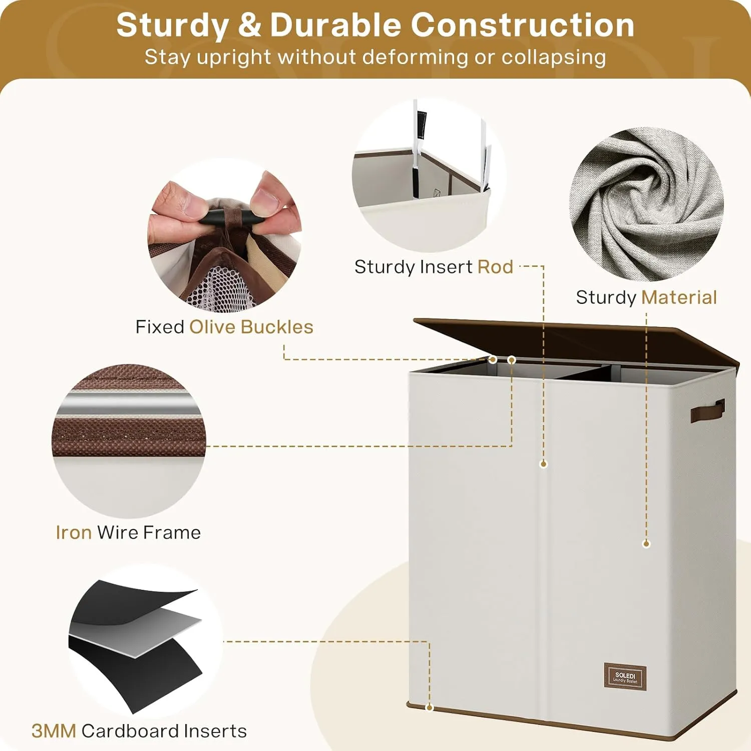 SOLEDI Luxury Double Laundry Hamper with Lid and Removable Bags, Large Hamper for Laundry, Laundry Basket 2 Sections, Collapsible Ditry Clothes Hamper for Bedroom, Laundry Room, Bathroom, Off-white