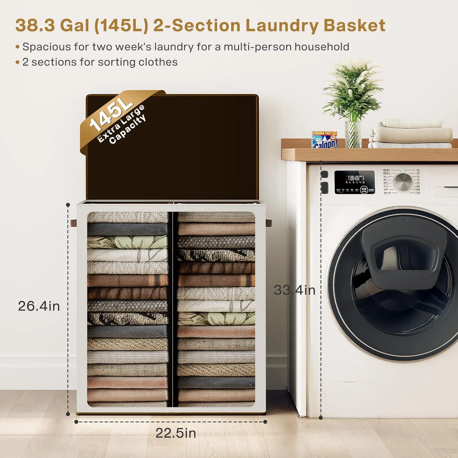 SOLEDI Luxury Double Laundry Hamper with Lid and Removable Bags, Large Hamper for Laundry, Laundry Basket 2 Sections, Collapsible Ditry Clothes Hamper for Bedroom, Laundry Room, Bathroom, Off-white
