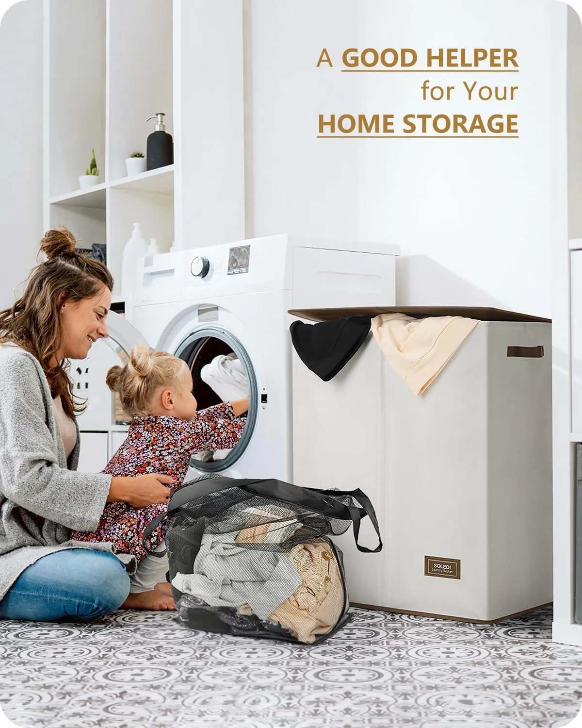 SOLEDI Luxury Double Laundry Hamper with Lid and Removable Bags, Large Hamper for Laundry, Laundry Basket 2 Sections, Collapsible Ditry Clothes Hamper for Bedroom, Laundry Room, Bathroom, Off-white