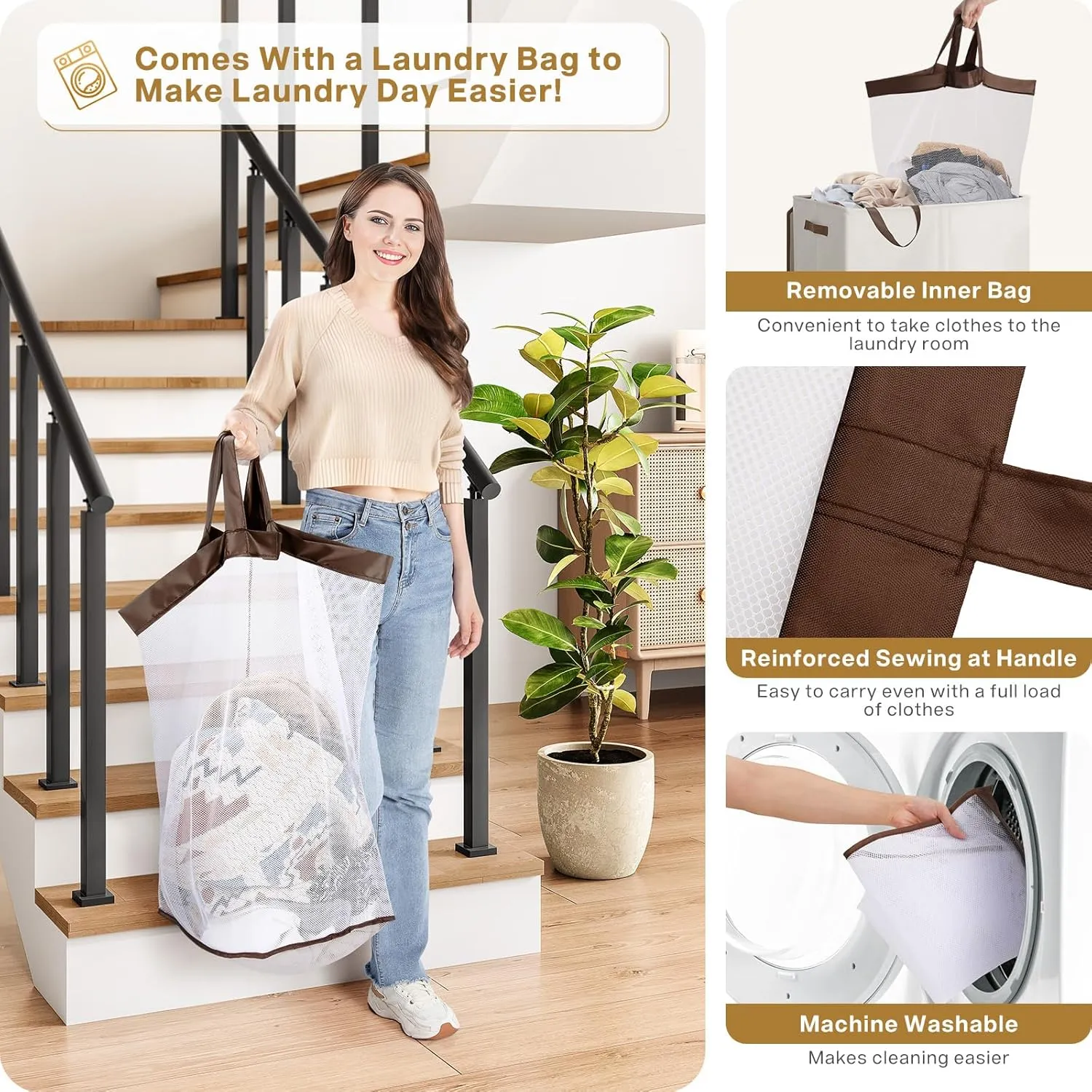 SOLEDI Luxury Double Laundry Hamper with Lid and Removable Bags, Large Hamper for Laundry, Laundry Basket 2 Sections, Collapsible Ditry Clothes Hamper for Bedroom, Laundry Room, Bathroom, Off-white
