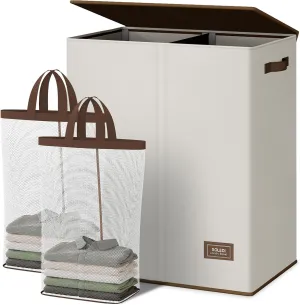 SOLEDI Luxury Double Laundry Hamper with Lid and Removable Bags, Large Hamper for Laundry, Laundry Basket 2 Sections, Collapsible Ditry Clothes Hamper for Bedroom, Laundry Room, Bathroom, Off-white