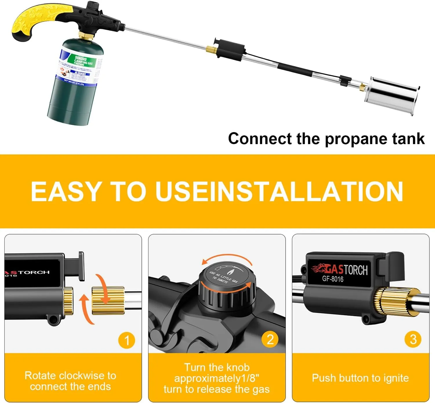 Sondiko Big Flame Propane Torch Head Kit, Weed Torch, Heavy Duty Blow Torch Detachable Propane Weed Torch with High Output 800,000 BTU for Garden Stumps Wood Ice Snow Roofing, Black & Yellow