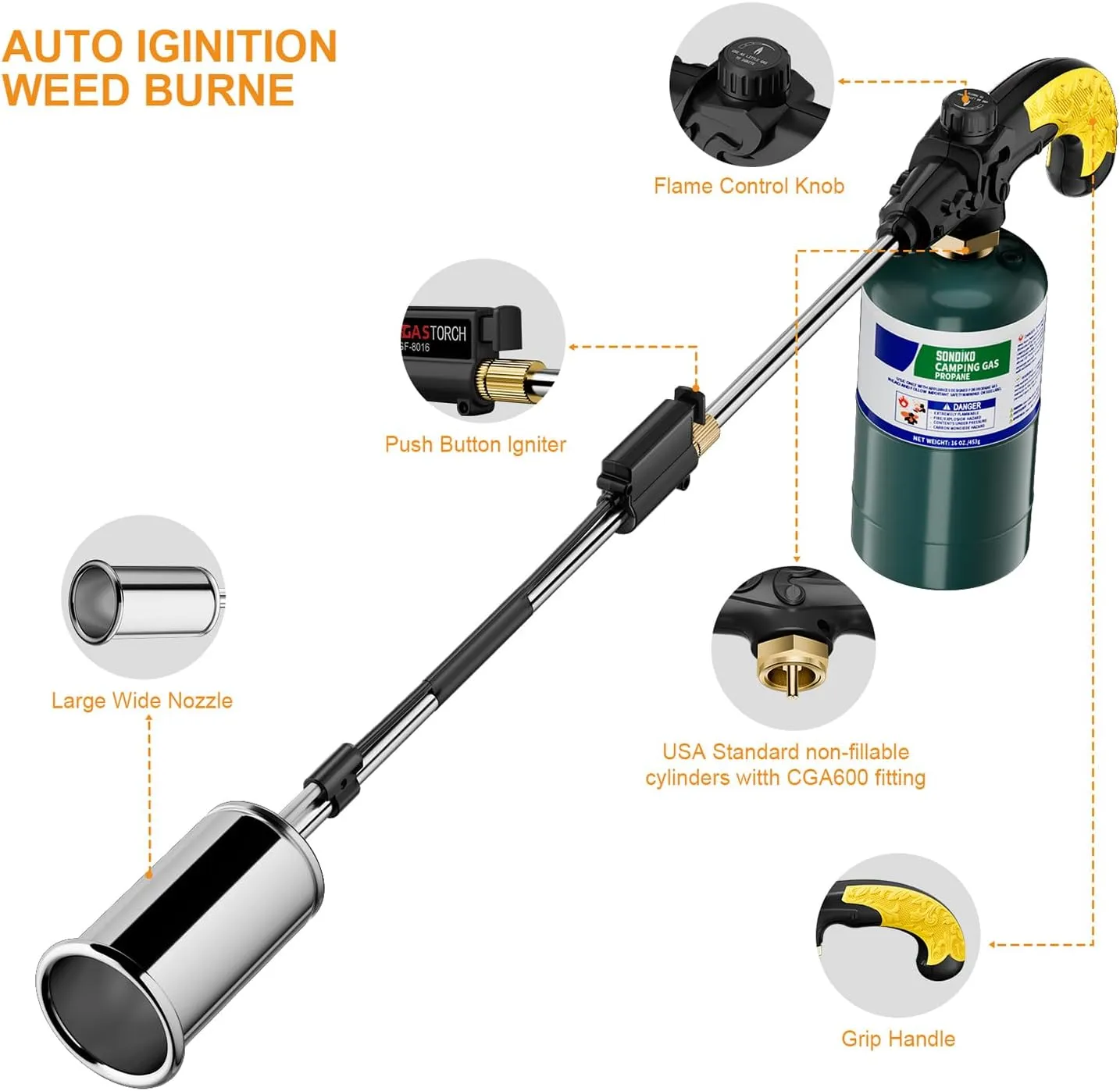Sondiko Big Flame Propane Torch Head Kit, Weed Torch, Heavy Duty Blow Torch Detachable Propane Weed Torch with High Output 800,000 BTU for Garden Stumps Wood Ice Snow Roofing, Black & Yellow