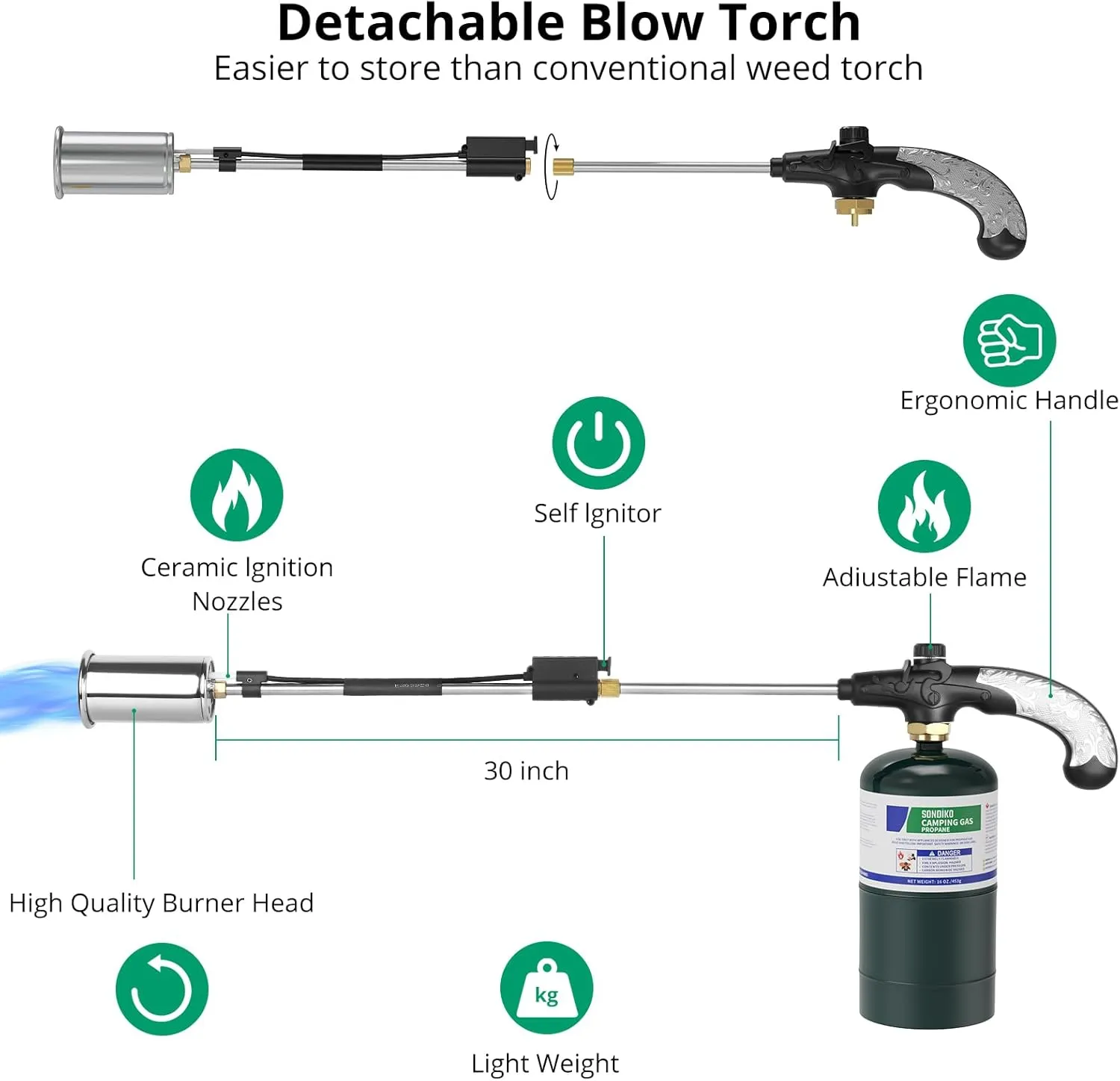Sondiko Propane Torch Weed Burner, High Output 1,200,000 BTU Weed Torch Flamethrower, 30" Detachable Long Arm Heavy Duty Blow Torch with Flame Control For Garden, Wood, Ice, Snow, Stumps, Melting