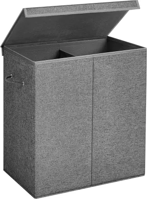 SONGMICS 37.5 Gal. Foldable Laundry Basket with 2 Compartments, Magnetic Lid and Handles, Removable Liner Bag, Dark Gray