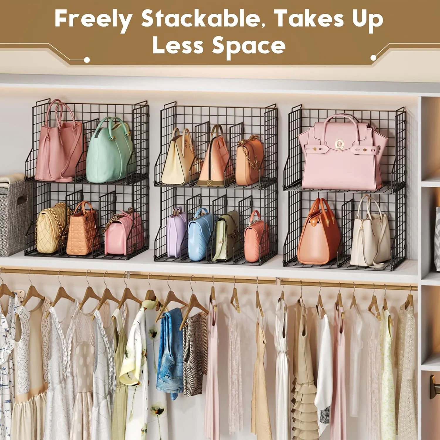 Sonyabecca Purse Storage Organizer for Closet:Adjustable 2-Pack Dividers Handbag Organizer,Stackable Wire Handbags Storage Baskets-For Open Closet Purse Organizer Handbag Chain Bag Clutch Bag-Black