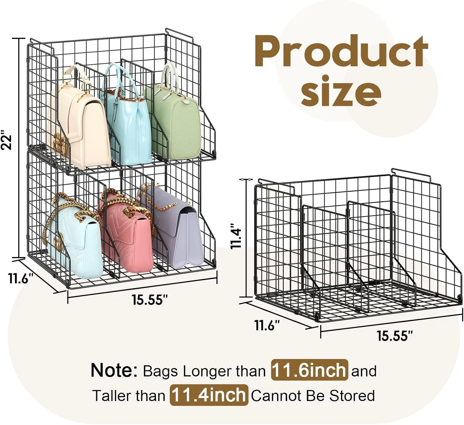 Sonyabecca Purse Storage Organizer for Closet:Adjustable 2-Pack Dividers Handbag Organizer,Stackable Wire Handbags Storage Baskets-For Open Closet Purse Organizer Handbag Chain Bag Clutch Bag-Black