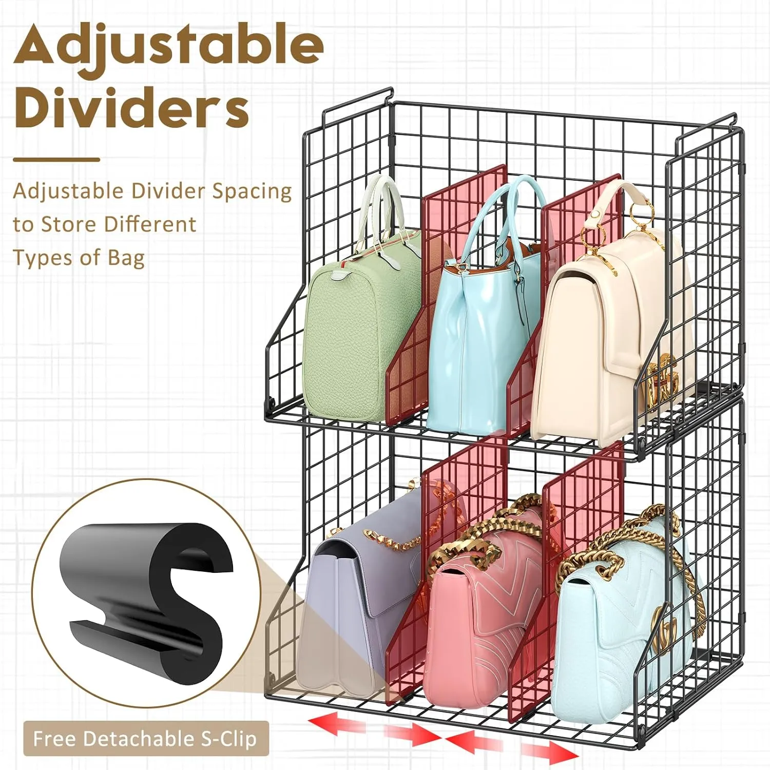 Sonyabecca Purse Storage Organizer for Closet:Adjustable 2-Pack Dividers Handbag Organizer,Stackable Wire Handbags Storage Baskets-For Open Closet Purse Organizer Handbag Chain Bag Clutch Bag-Black