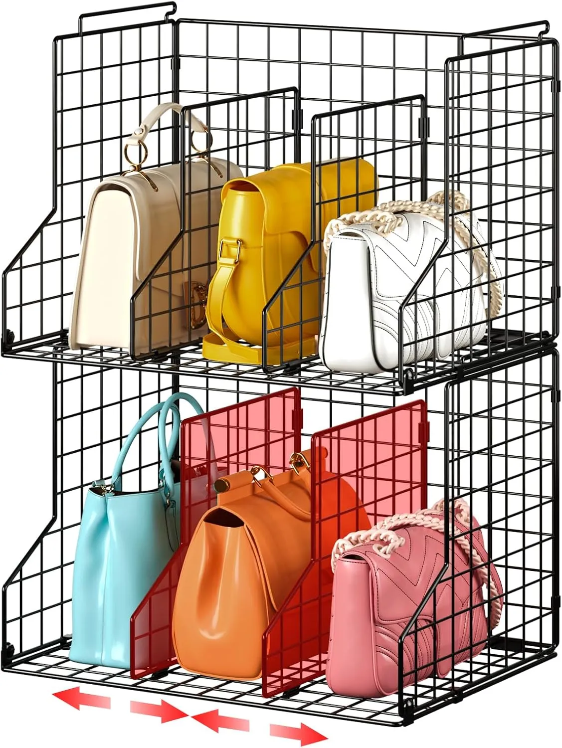 Sonyabecca Purse Storage Organizer for Closet:Adjustable 2-Pack Dividers Handbag Organizer,Stackable Wire Handbags Storage Baskets-For Open Closet Purse Organizer Handbag Chain Bag Clutch Bag-Black