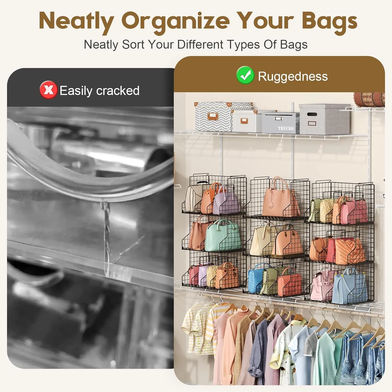 Sonyabecca Purse Storage Organizer for Closet:Adjustable 2-Pack Dividers Handbag Organizer,Stackable Wire Handbags Storage Baskets-For Open Closet Purse Organizer Handbag Chain Bag Clutch Bag-Black