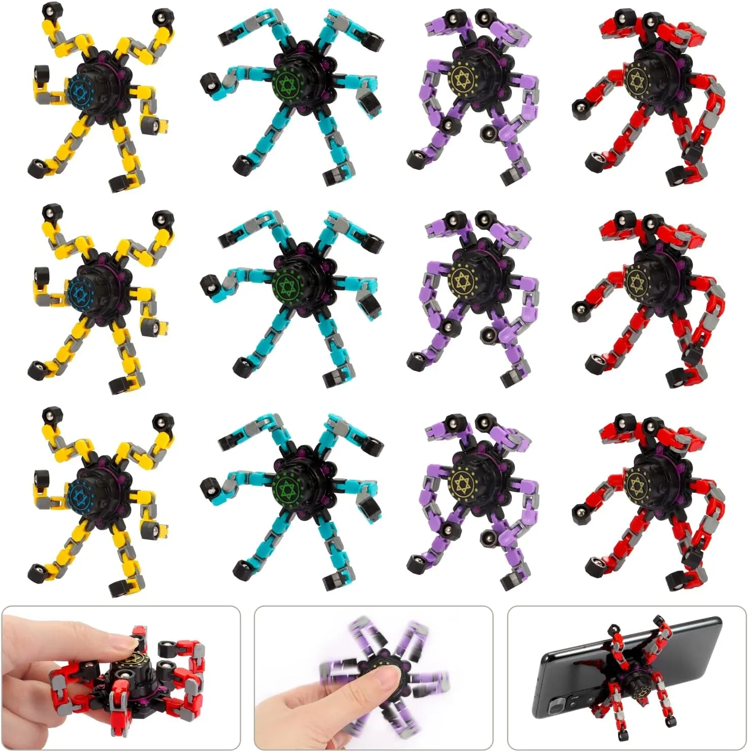 SoulLife 12 Pack Transformable Fingertip Gyro Fidget Spinners Bulk Basket Stocking Stuffers, DIY Deformable Robot Spinner, Gyro Toys, Stress Relief Fidget Toy for Kids Girls Boys Adults