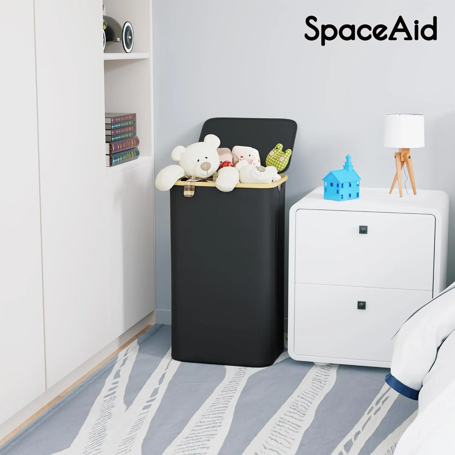 SpaceAid Laundry Hamper with Lid, 110L Large Tall Clothes Basket Bin with Bamboo Handles, Collapsible Laundry Hamper for Bedroom, Bathroom, Dorm, Laundry Room - Black