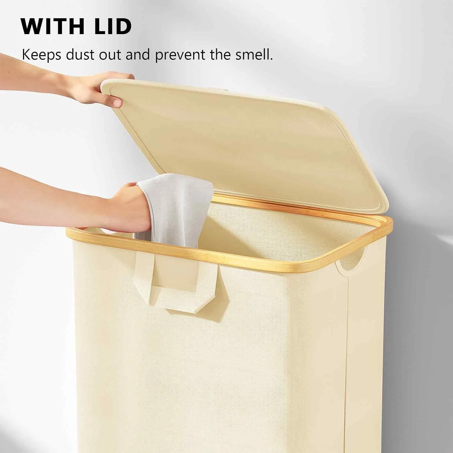 SpaceAid Laundry Hamper with Wheels and Lid, 26 Gal (100L) Rolling Clothes Basket with Bamboo Handle, Large Laundry Hamper for Bedroom, Bathroom, Dorm, Laundry Room - Beige