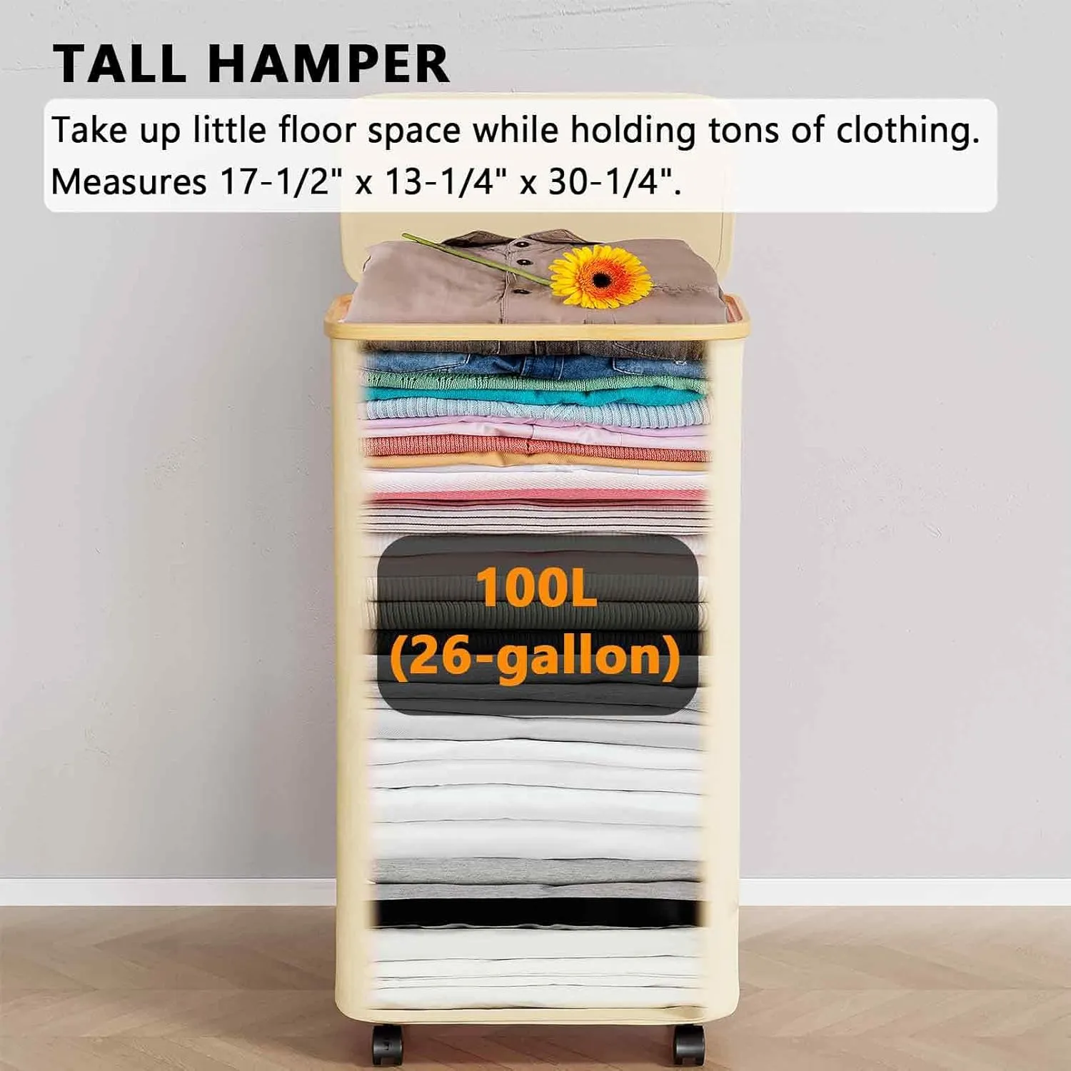 SpaceAid Laundry Hamper with Wheels and Lid, 26 Gal (100L) Rolling Clothes Basket with Bamboo Handle, Large Laundry Hamper for Bedroom, Bathroom, Dorm, Laundry Room - Beige