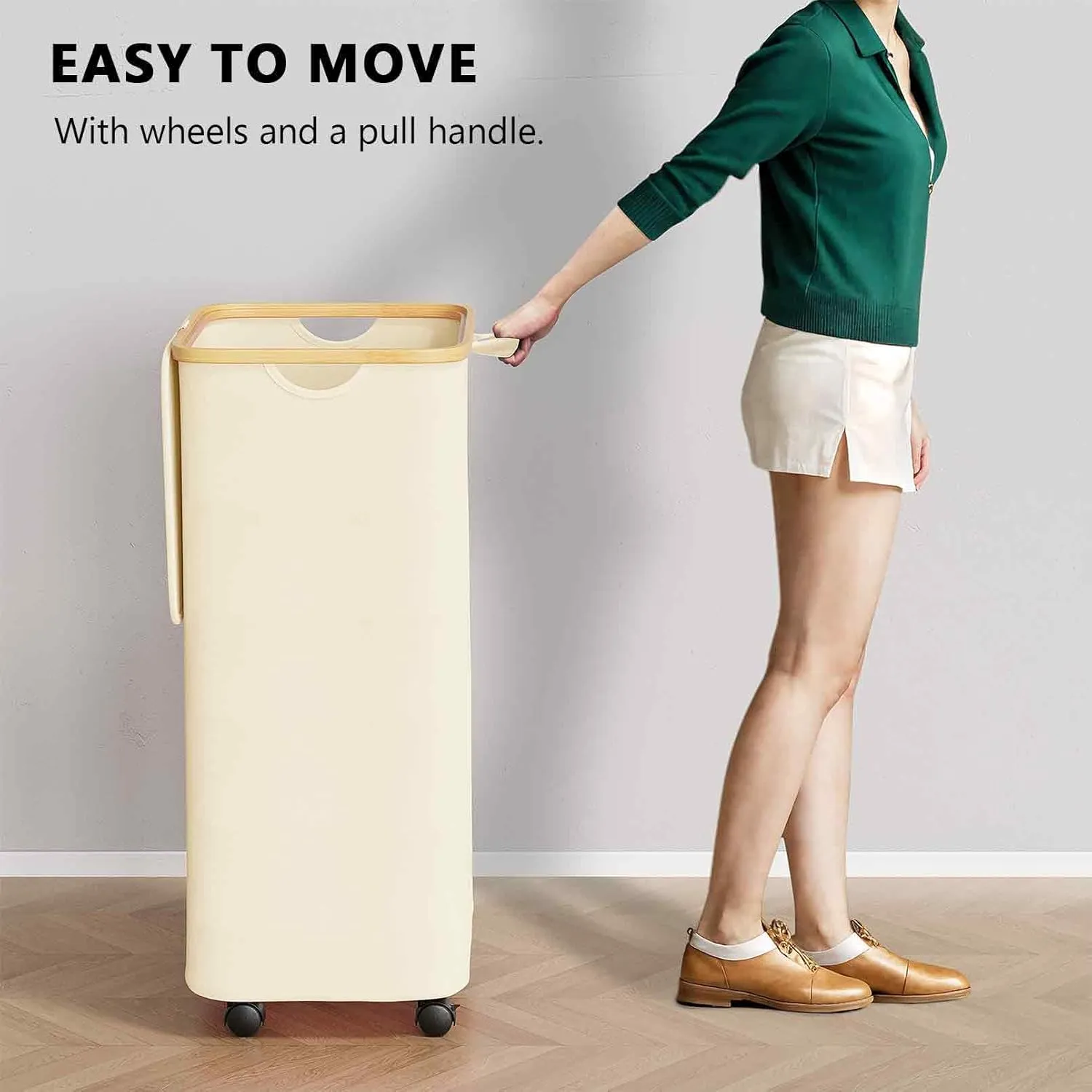 SpaceAid Laundry Hamper with Wheels and Lid, 26 Gal (100L) Rolling Clothes Basket with Bamboo Handle, Large Laundry Hamper for Bedroom, Bathroom, Dorm, Laundry Room - Beige