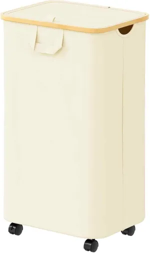 SpaceAid Laundry Hamper with Wheels and Lid, 26 Gal (100L) Rolling Clothes Basket with Bamboo Handle, Large Laundry Hamper for Bedroom, Bathroom, Dorm, Laundry Room - Beige