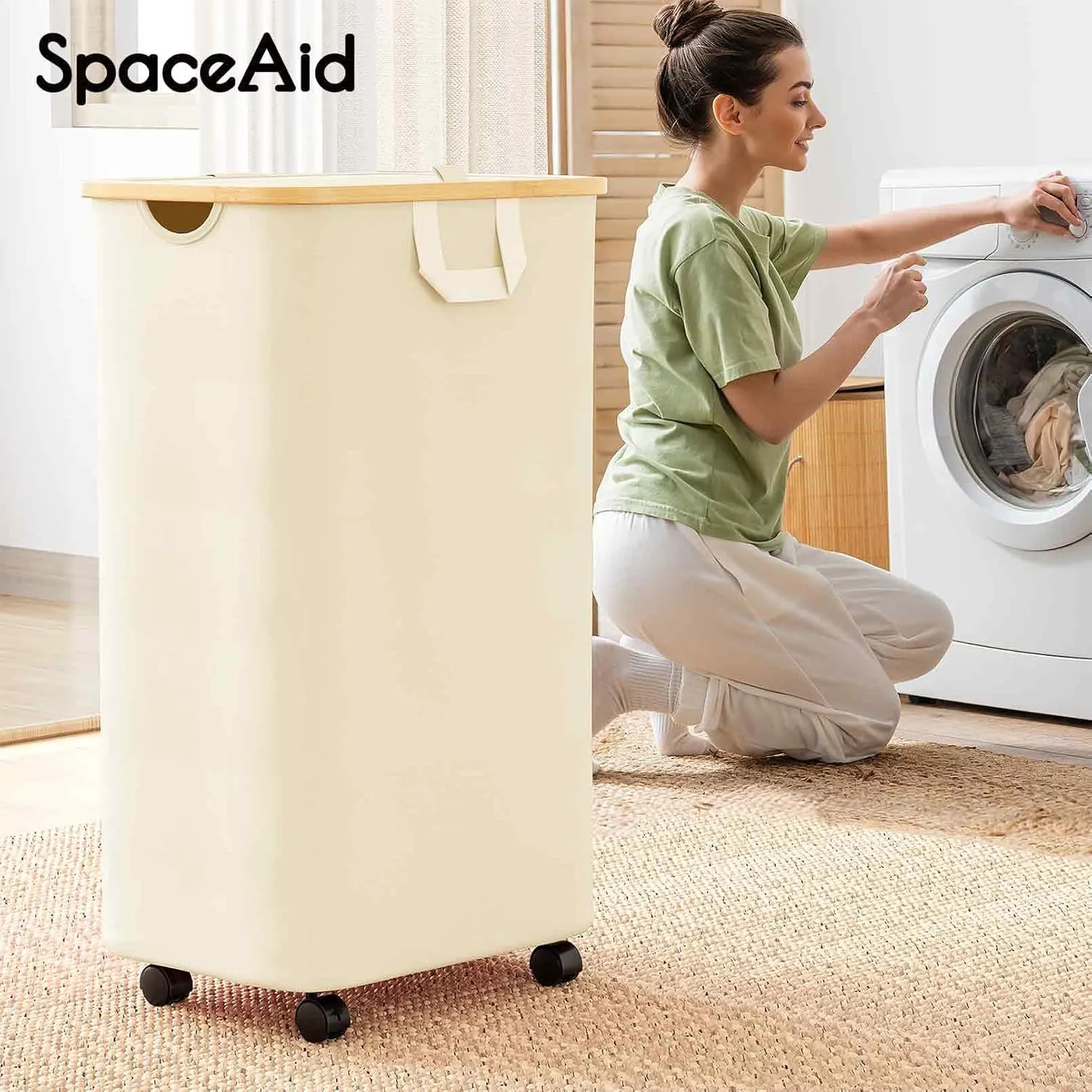 SpaceAid Laundry Hamper with Wheels and Lid, 26 Gal (100L) Rolling Clothes Basket with Bamboo Handle, Large Laundry Hamper for Bedroom, Bathroom, Dorm, Laundry Room - Beige