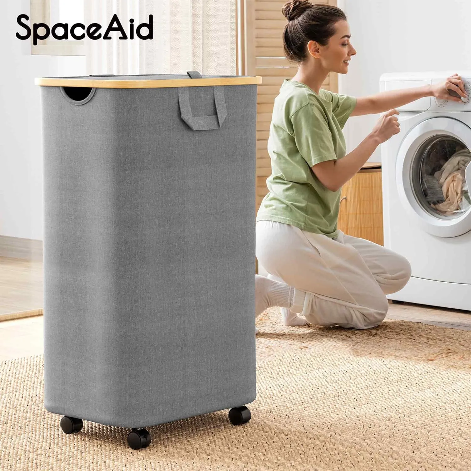 SpaceAid Laundry Hamper with Wheels and Lid, 26 Gal (100L) Rolling Clothes Basket with Bamboo Handle, Large Laundry Hamper for Bedroom, Bathroom, Dorm, Laundry Room - Grey