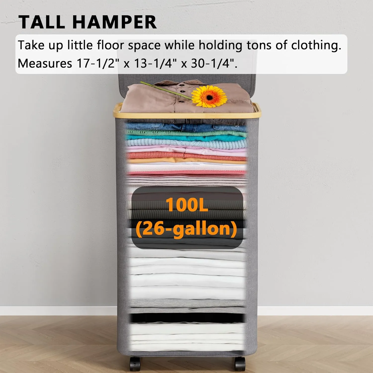 SpaceAid Laundry Hamper with Wheels and Lid, 26 Gal (100L) Rolling Clothes Basket with Bamboo Handle, Large Laundry Hamper for Bedroom, Bathroom, Dorm, Laundry Room - Grey