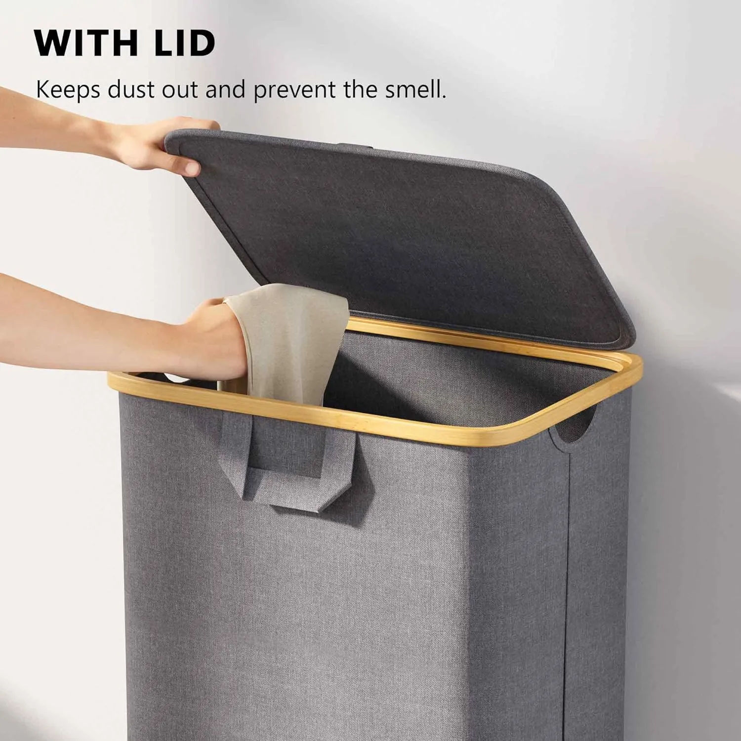 SpaceAid Laundry Hamper with Wheels and Lid, 26 Gal (100L) Rolling Clothes Basket with Bamboo Handle, Large Laundry Hamper for Bedroom, Bathroom, Dorm, Laundry Room - Grey