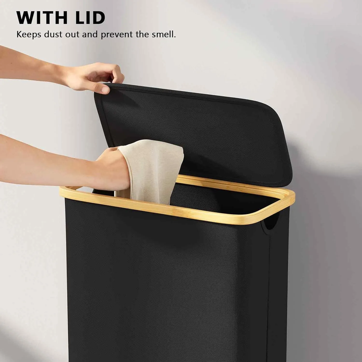 SpaceAid Slim Laundry Hamper with Lid, 65L Narrow Clothes Basket Bin with Bamboo Handles, Skinny Tall Collapsible Hamper for Bedroom, Bathroom, Dorm, Laundry Room - Black