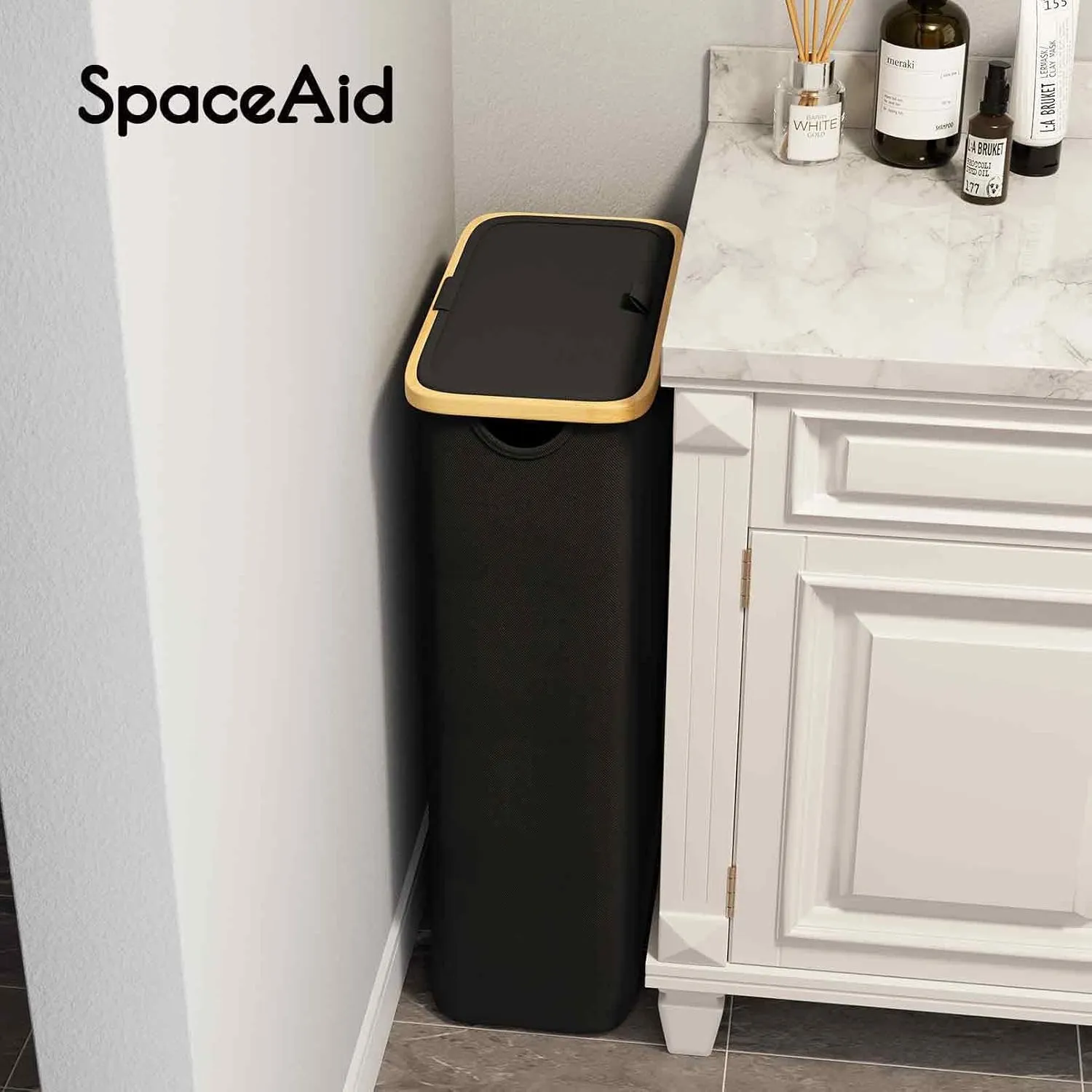 SpaceAid Slim Laundry Hamper with Lid, 65L Narrow Clothes Basket Bin with Bamboo Handles, Skinny Tall Collapsible Hamper for Bedroom, Bathroom, Dorm, Laundry Room - Black