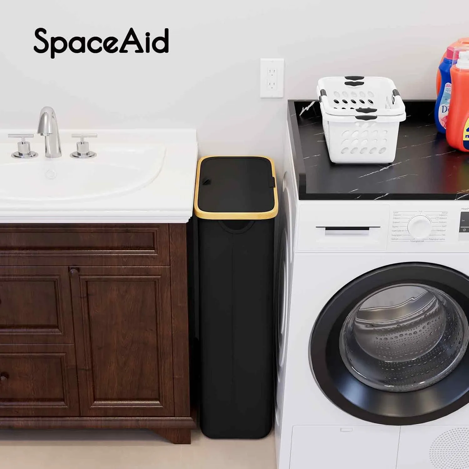 SpaceAid Slim Laundry Hamper with Lid, 65L Narrow Clothes Basket Bin with Bamboo Handles, Skinny Tall Collapsible Hamper for Bedroom, Bathroom, Dorm, Laundry Room - Black