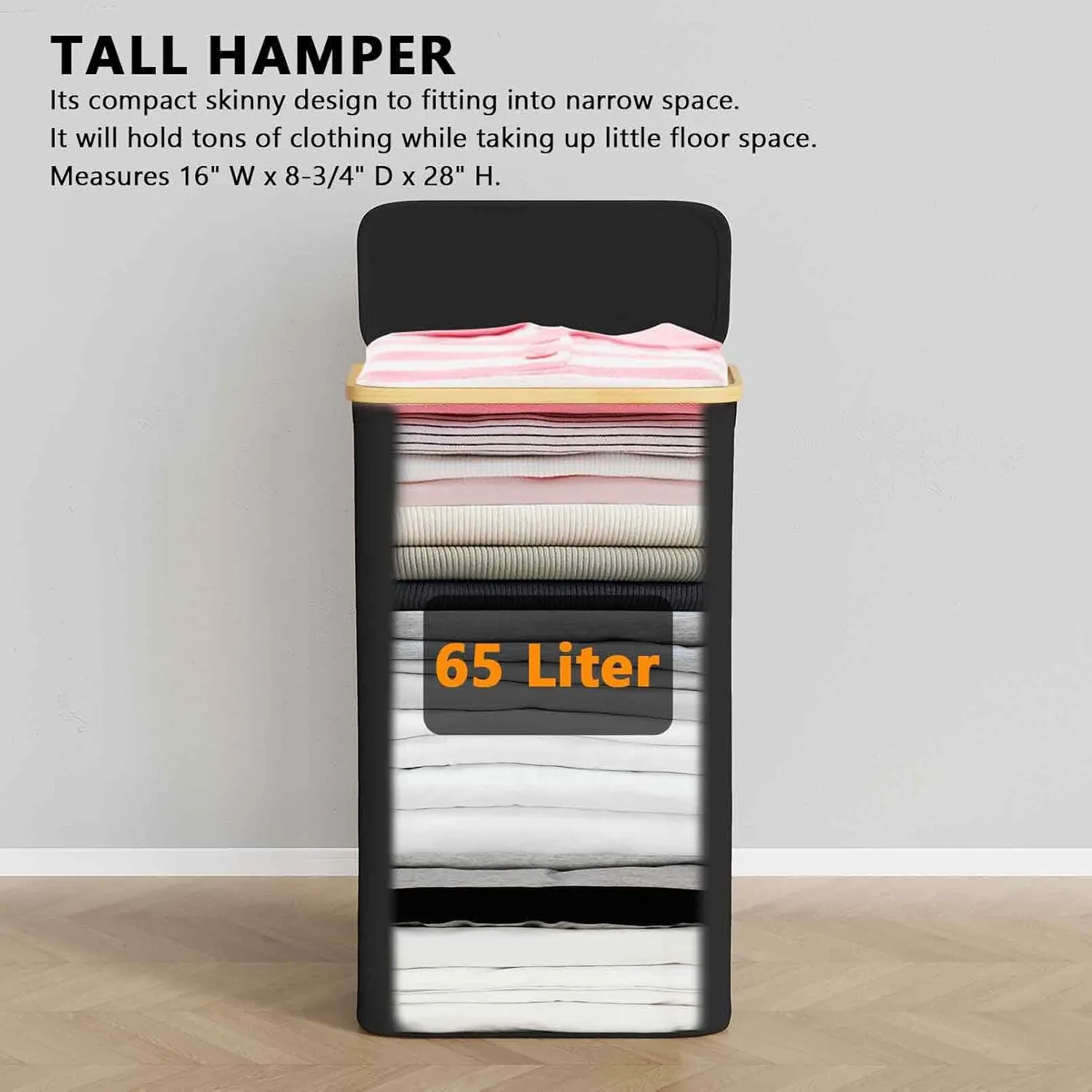 SpaceAid Slim Laundry Hamper with Lid, 65L Narrow Clothes Basket Bin with Bamboo Handles, Skinny Tall Collapsible Hamper for Bedroom, Bathroom, Dorm, Laundry Room - Black