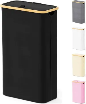 SpaceAid Slim Laundry Hamper with Lid, 65L Narrow Clothes Basket Bin with Bamboo Handles, Skinny Tall Collapsible Hamper for Bedroom, Bathroom, Dorm, Laundry Room - Black
