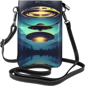Spacecraft descend Printing Leather Crossbody Flap Phone Bag - Versatile Gift for Women Walking, Camping, Shopping, and Travel