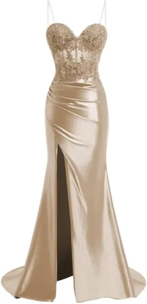 Spaghetti Strap Sweetheart Satin Prom Dresses with Split Lace Appliques Pleated Mermaid Long Evening Gown TM13
