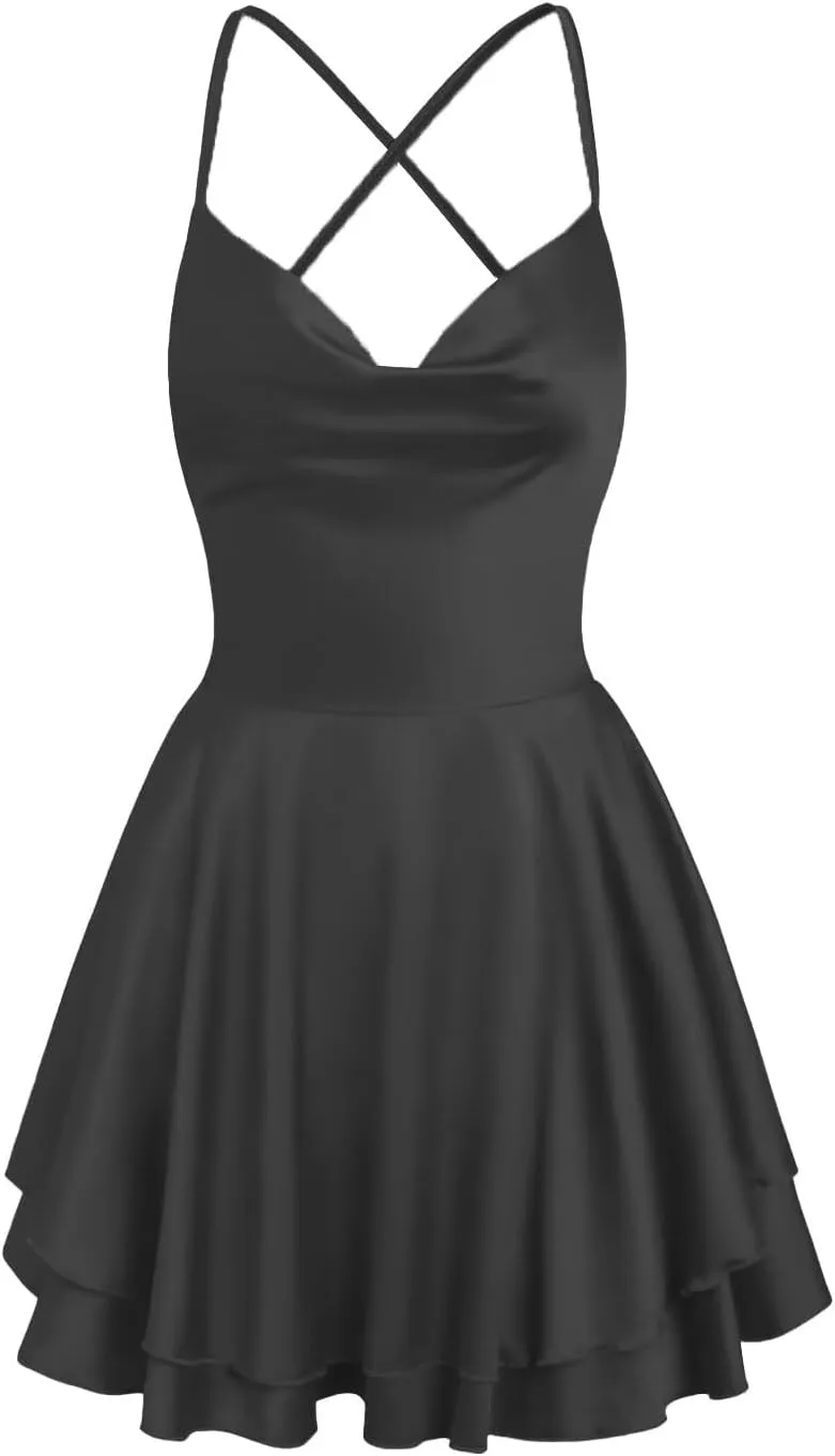 Spaghetti Straps Satin Homecoming Dresses for Teens Flowy Short Layered A-line Evening Party Dresses for Women