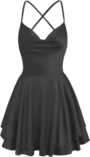 Spaghetti Straps Satin Homecoming Dresses for Teens Flowy Short Layered A-line Evening Party Dresses for Women
