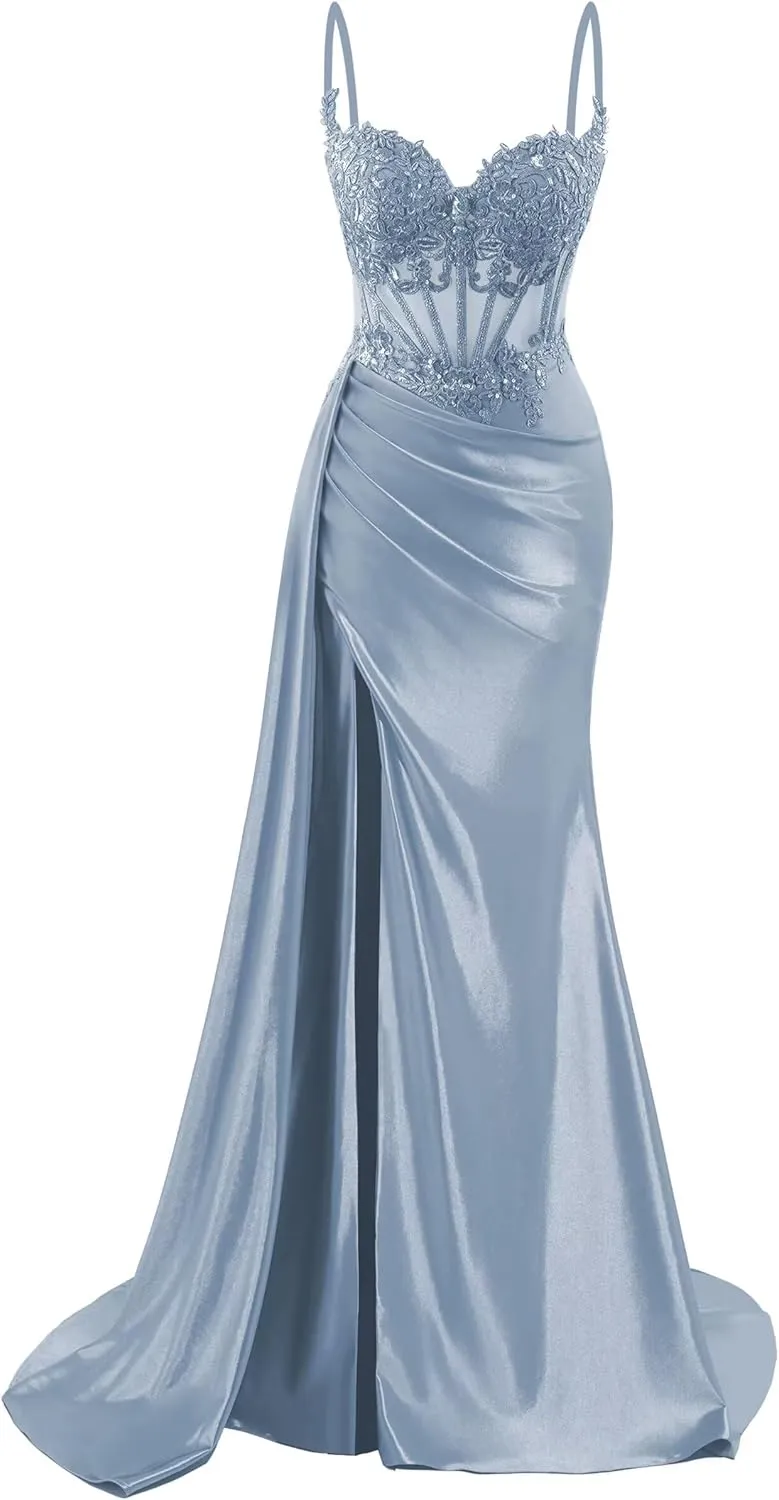 Spaghetti Straps Satin Prom Dresses Long Lace Appliques Formal Party Dress VS126