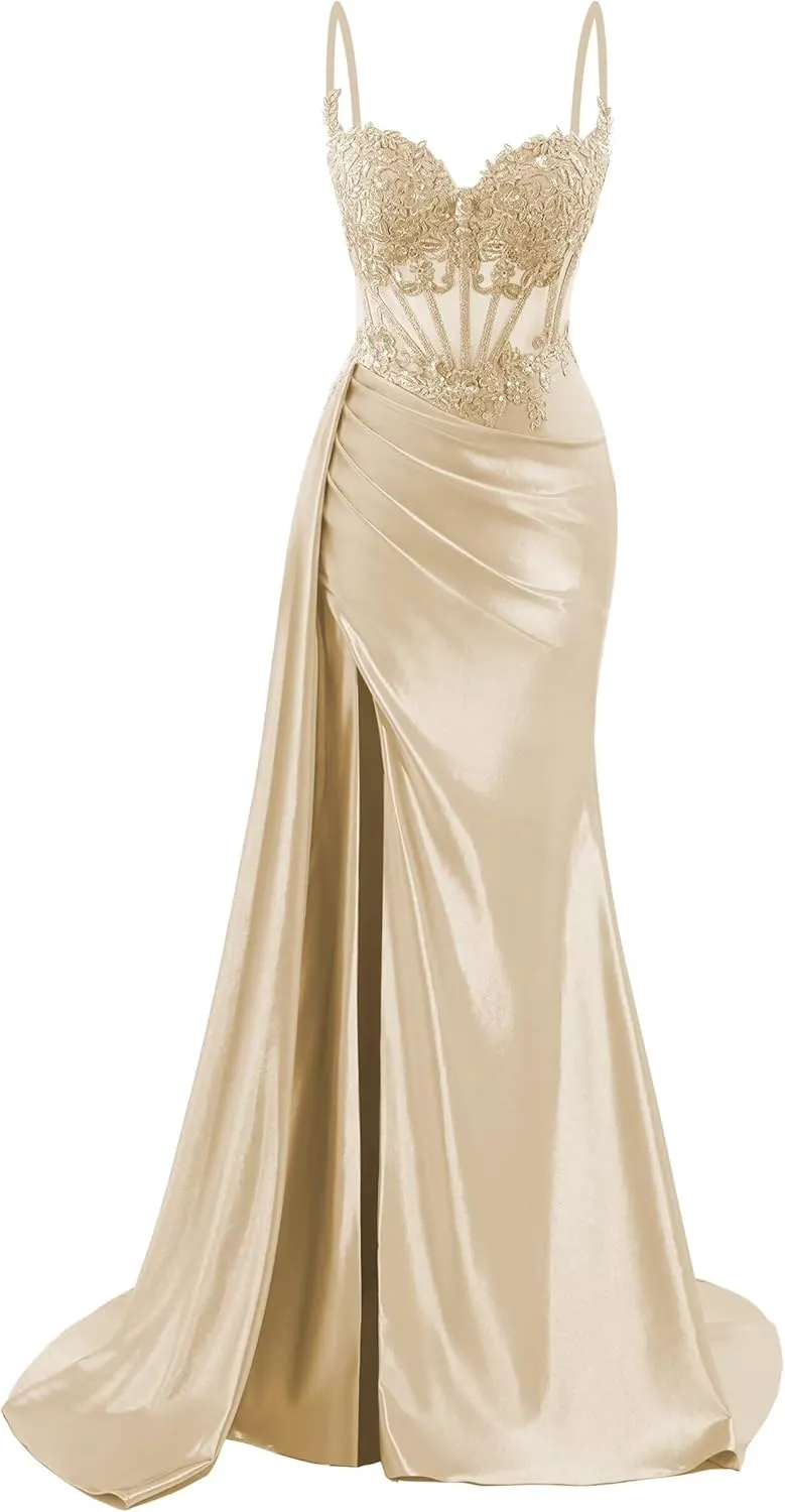 Spaghetti Straps Satin Prom Dresses Long Lace Appliques Formal Party Dress VS126