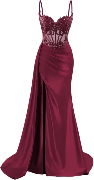 Spaghetti Straps Satin Prom Dresses Long Lace Appliques Formal Party Dress VS126