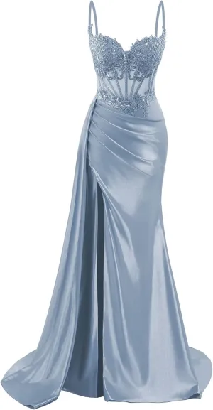 Spaghetti Straps Satin Prom Dresses Long Lace Appliques Formal Party Dress VS126