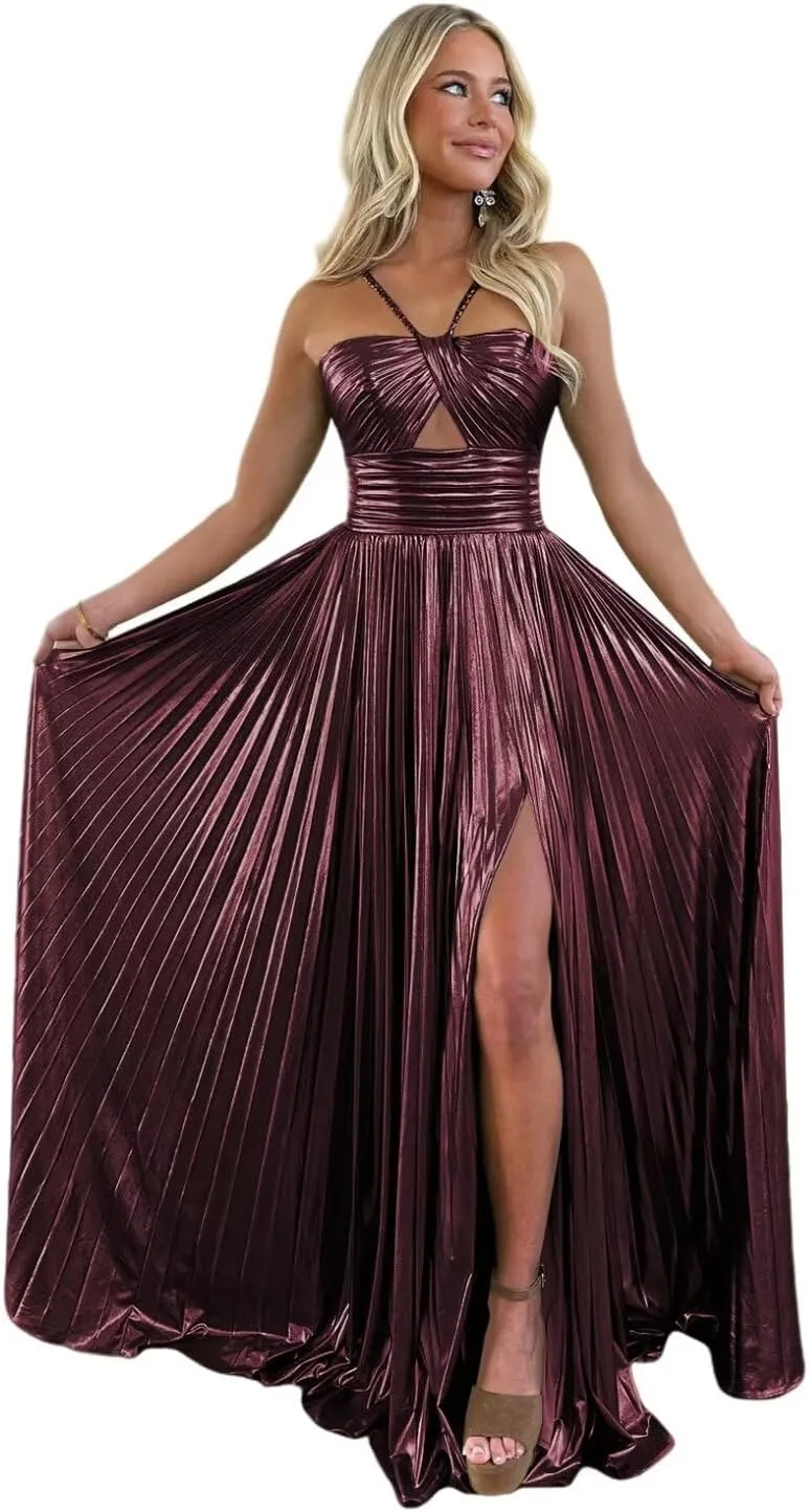 Sparkly Metallic Prom Dresses with Slit A Line Keyhole Satin Long Formal Party Dress for Women RO123