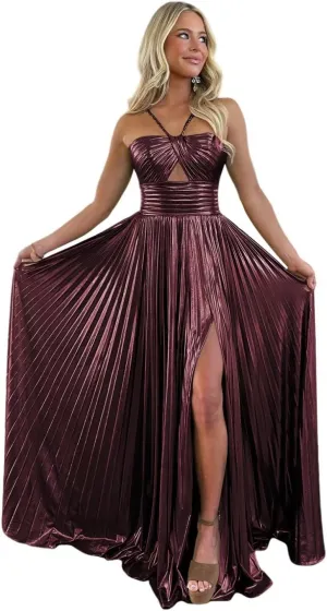 Sparkly Metallic Prom Dresses with Slit A Line Keyhole Satin Long Formal Party Dress for Women RO123