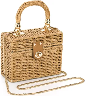 Square Straw Handbag, Vintage Women's Wicker Basket Bag, Handmade Rattan Crossbody Bag, Boho Tote Bag with Detachable Shoulder Strap for Summer Beach Casual Vacation Chic