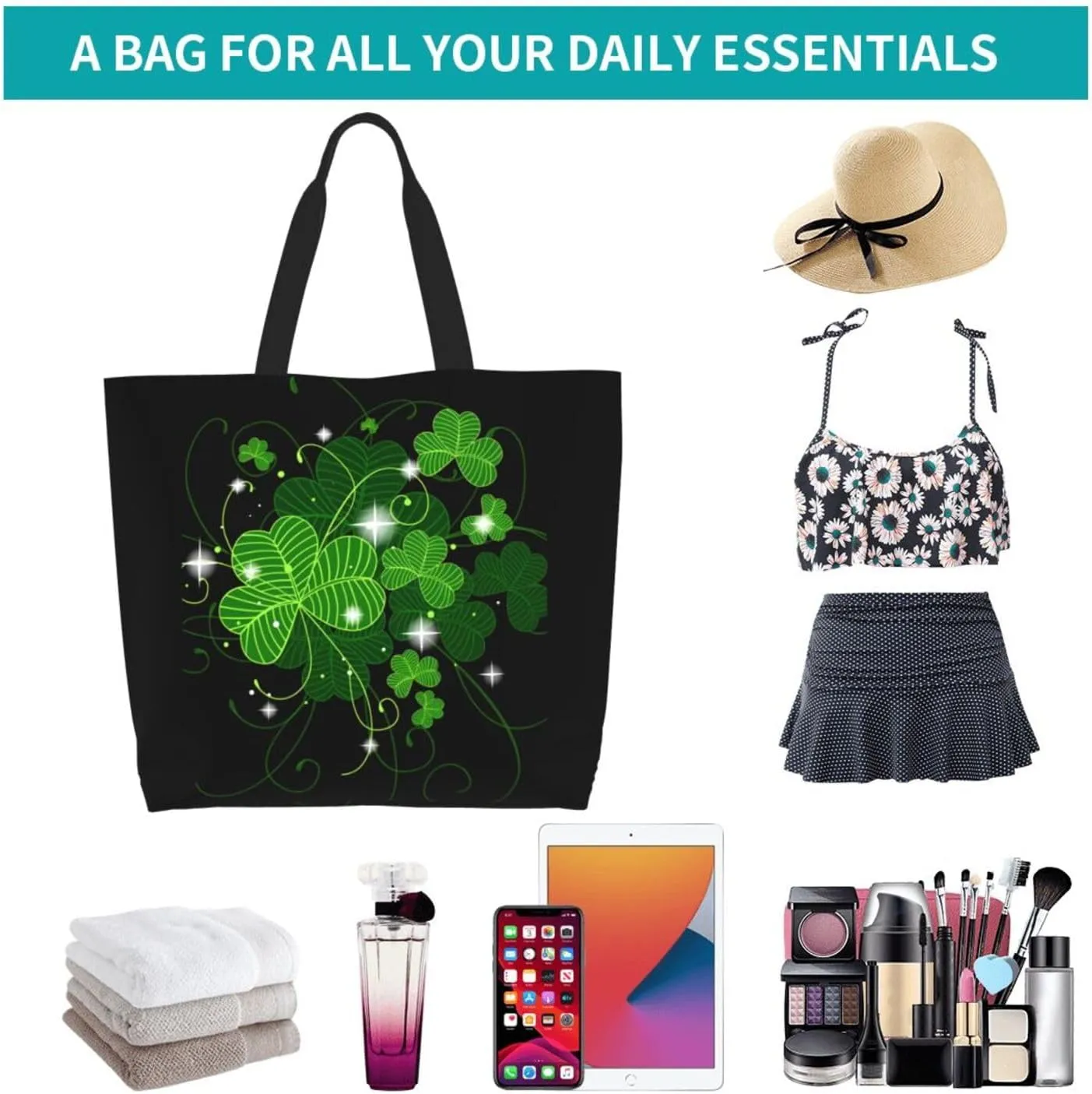St Patrick's Day Shamrock Tote Bag for Women Men Lucky Clover Reusable Grocery Bags for Work,Picnic,Camping,Travel