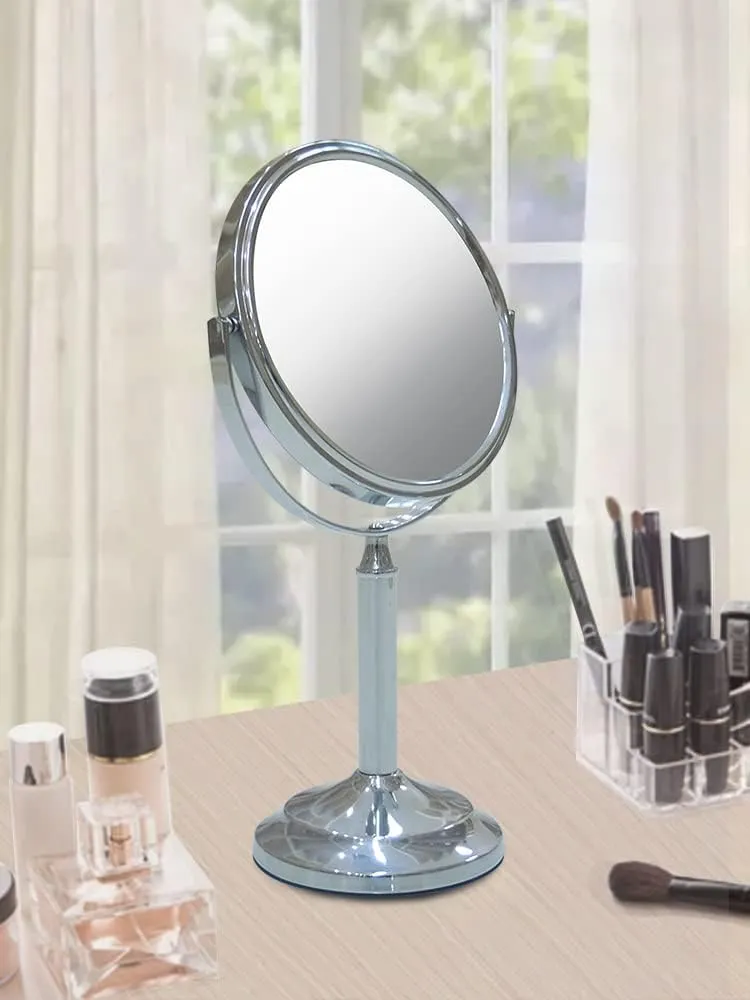 Stainless Steel Tabletop Makeup Vanity Mirror 1X and 3X Magnification Round Swivel Mirror for Desk, Bedroom, Bathroom (Chrome)